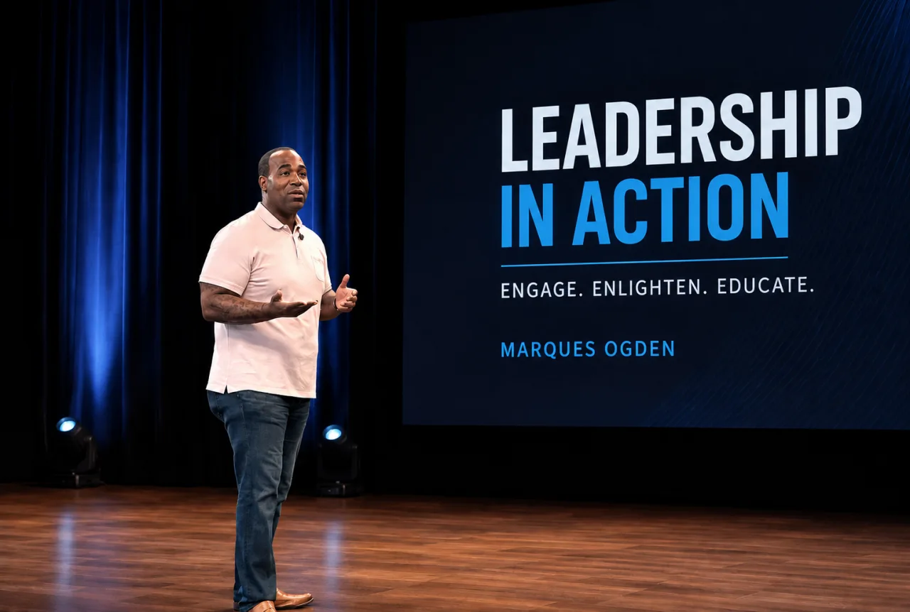 Marques Ogden presenting Leadership in Action on stage